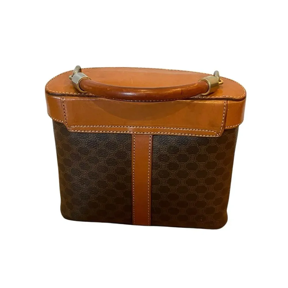 CELINE Brown Leather Satchel Purse bag Top Handle Vanity Macadam Vintage
